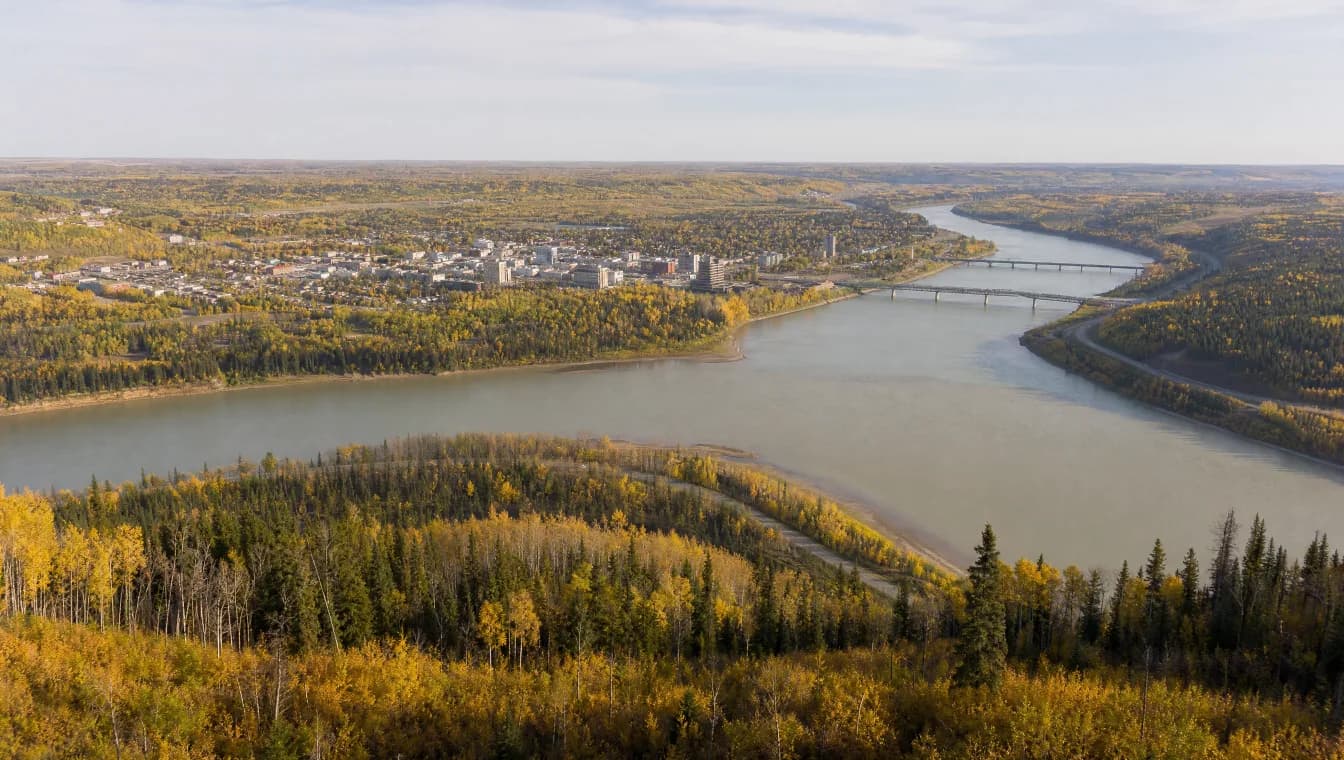 Athabasca River valley and Fort McMurray, Alberta in autumn — industrial wastewater treatment service area in Canada