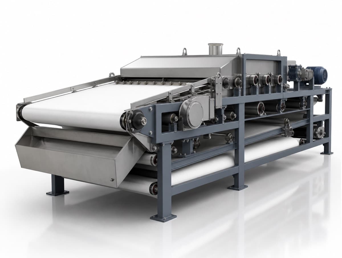Belt filter press dewatering industrial wastewater sludge cake onto a conveyor at a Canadian treatment plant
