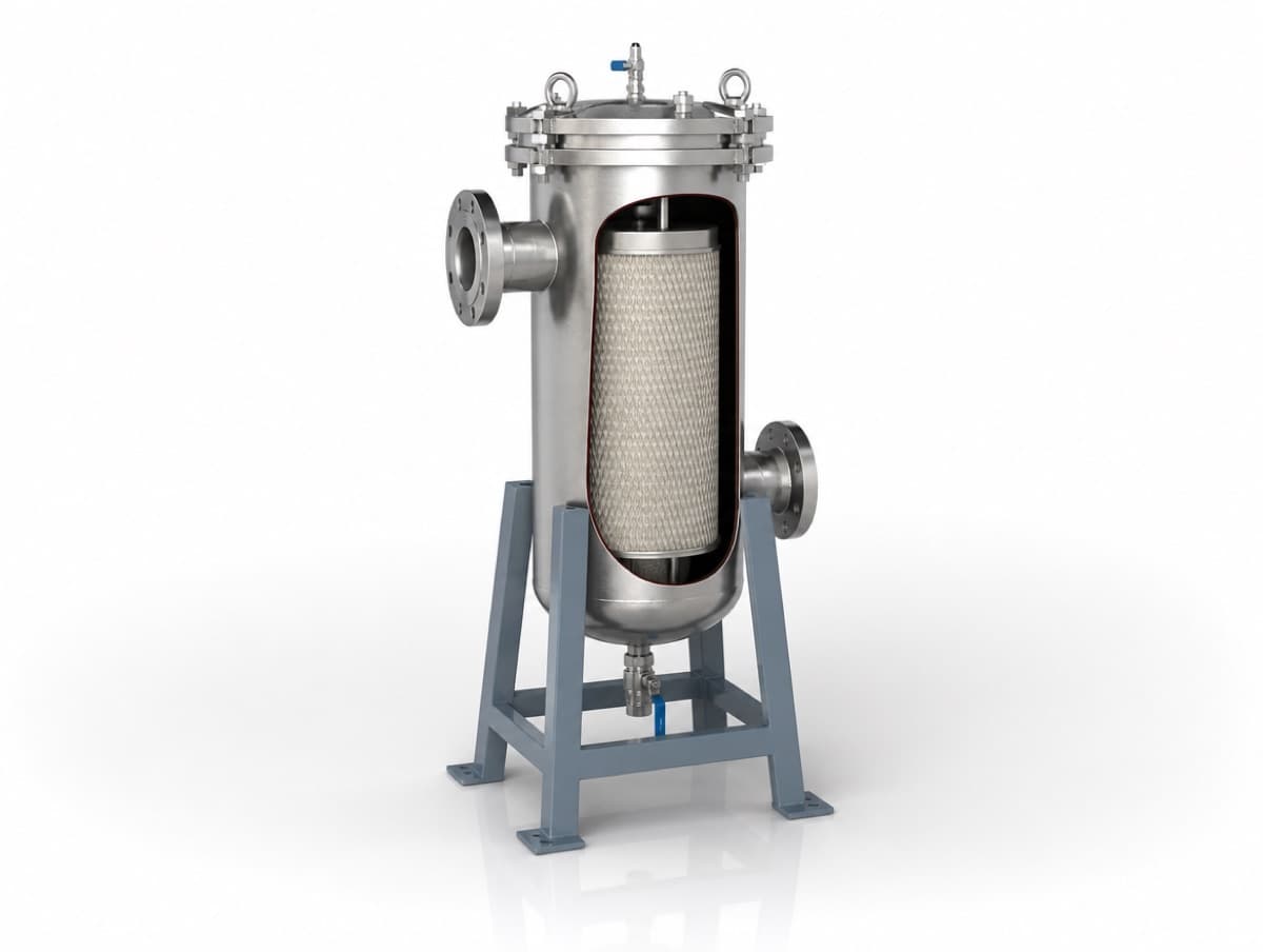 Coalescing filter element in a stainless vessel separating oil droplets from industrial wastewater in Canada