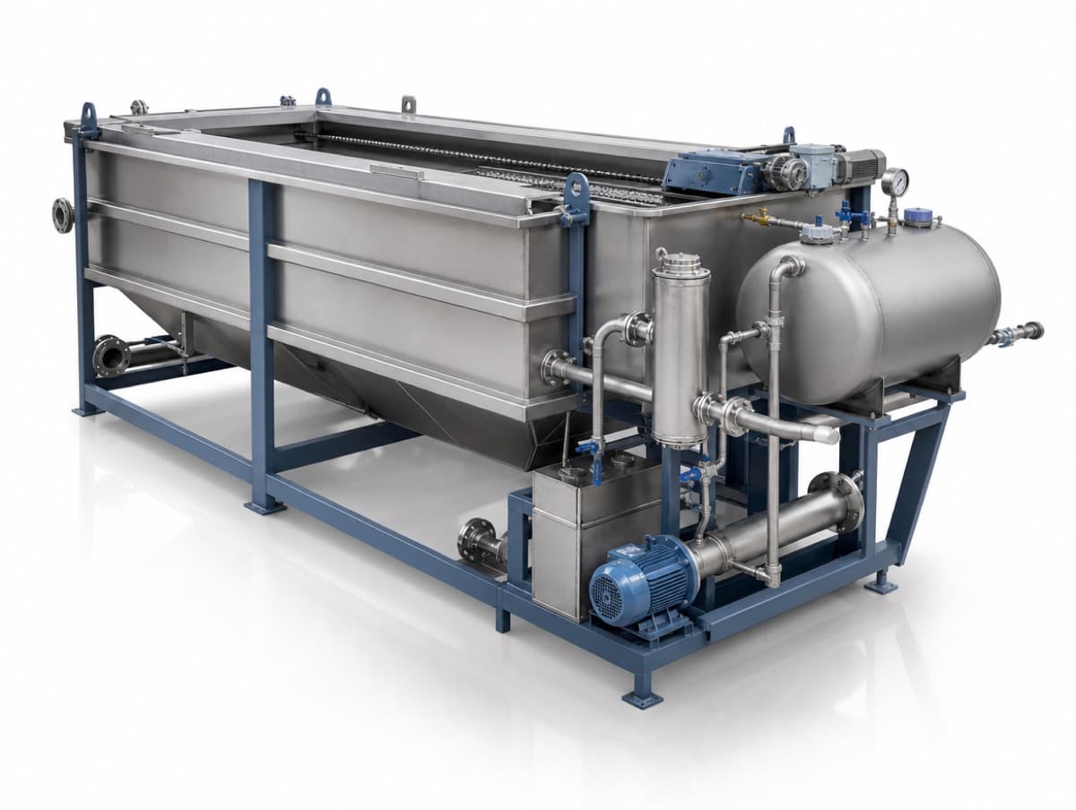 Stainless-steel dissolved air flotation (DAF) unit with surface skimmer treating industrial wastewater at a Canadian plant