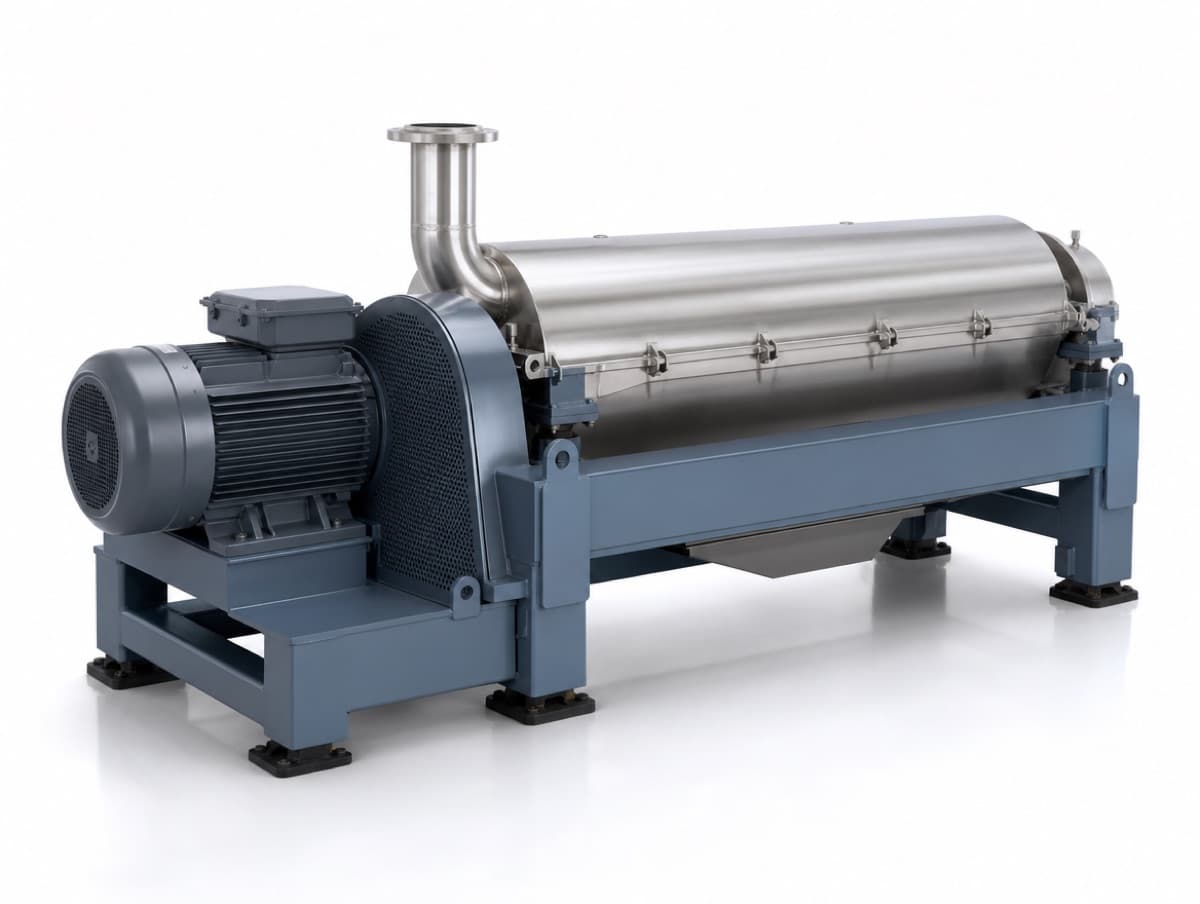 Industrial decanter centrifuge on a steel frame dewatering wastewater sludge for Canadian industries
