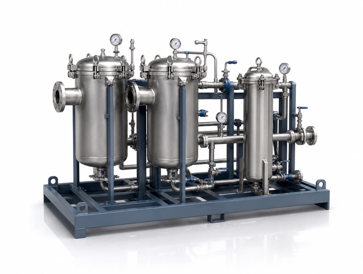 Stainless-steel multi-bag filter housings with felt bags filtering industrial wastewater at a Canadian plant