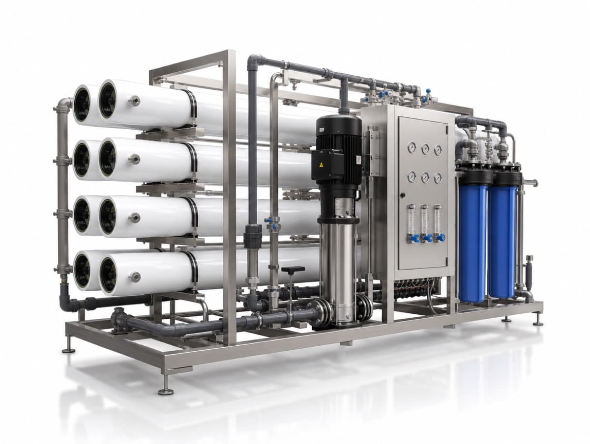 Industrial reverse osmosis skid with membrane pressure vessels polishing treated wastewater for reuse in Canada