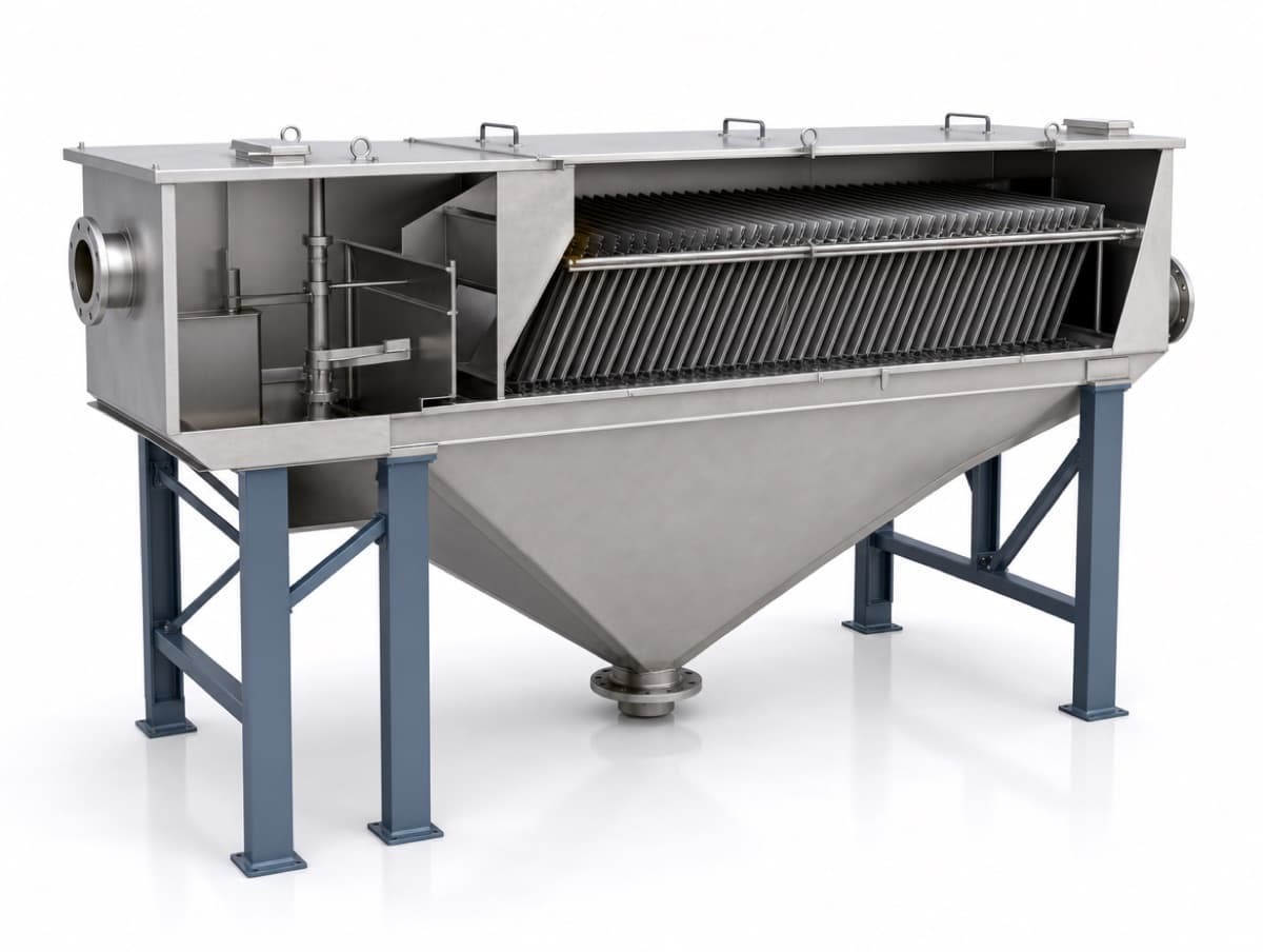 Steel lamella clarifier with inclined plate pack clarifying industrial wastewater at a Canadian treatment plant