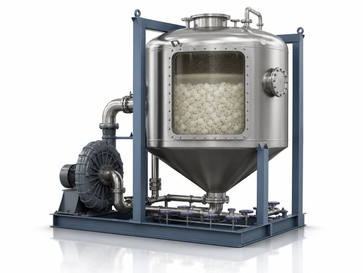 MBBR reactor with white polyethylene biofilm carrier media treating aerated industrial wastewater at a Canadian facility