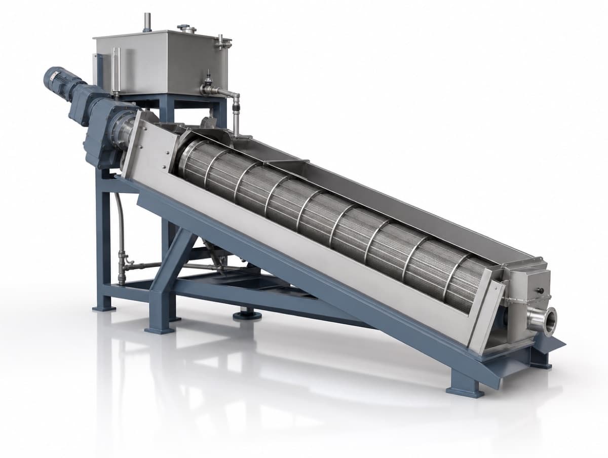 Stainless-steel screw press dewatering industrial wastewater sludge into dry cake at a Canadian plant