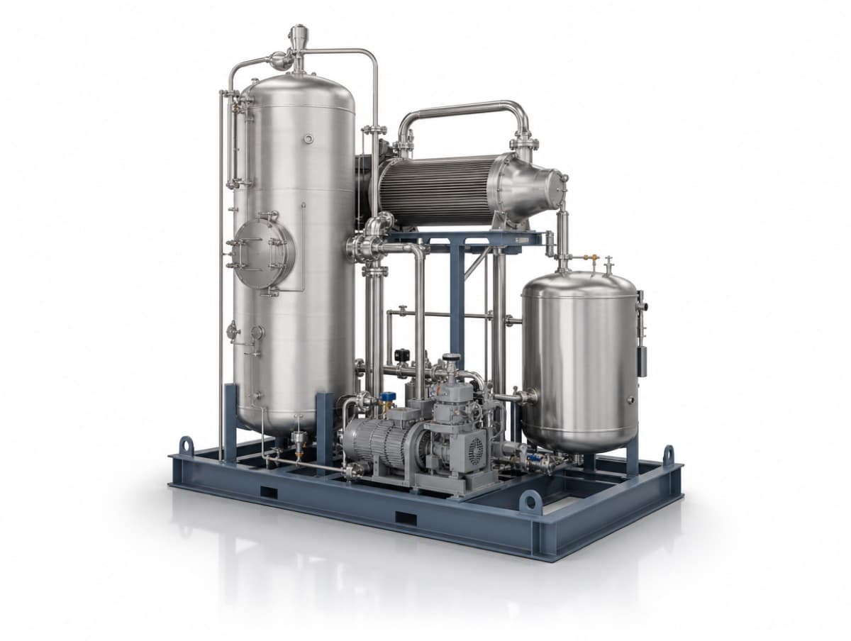Stainless-steel industrial wastewater evaporator with vapour recompression compressor at a Canadian facility