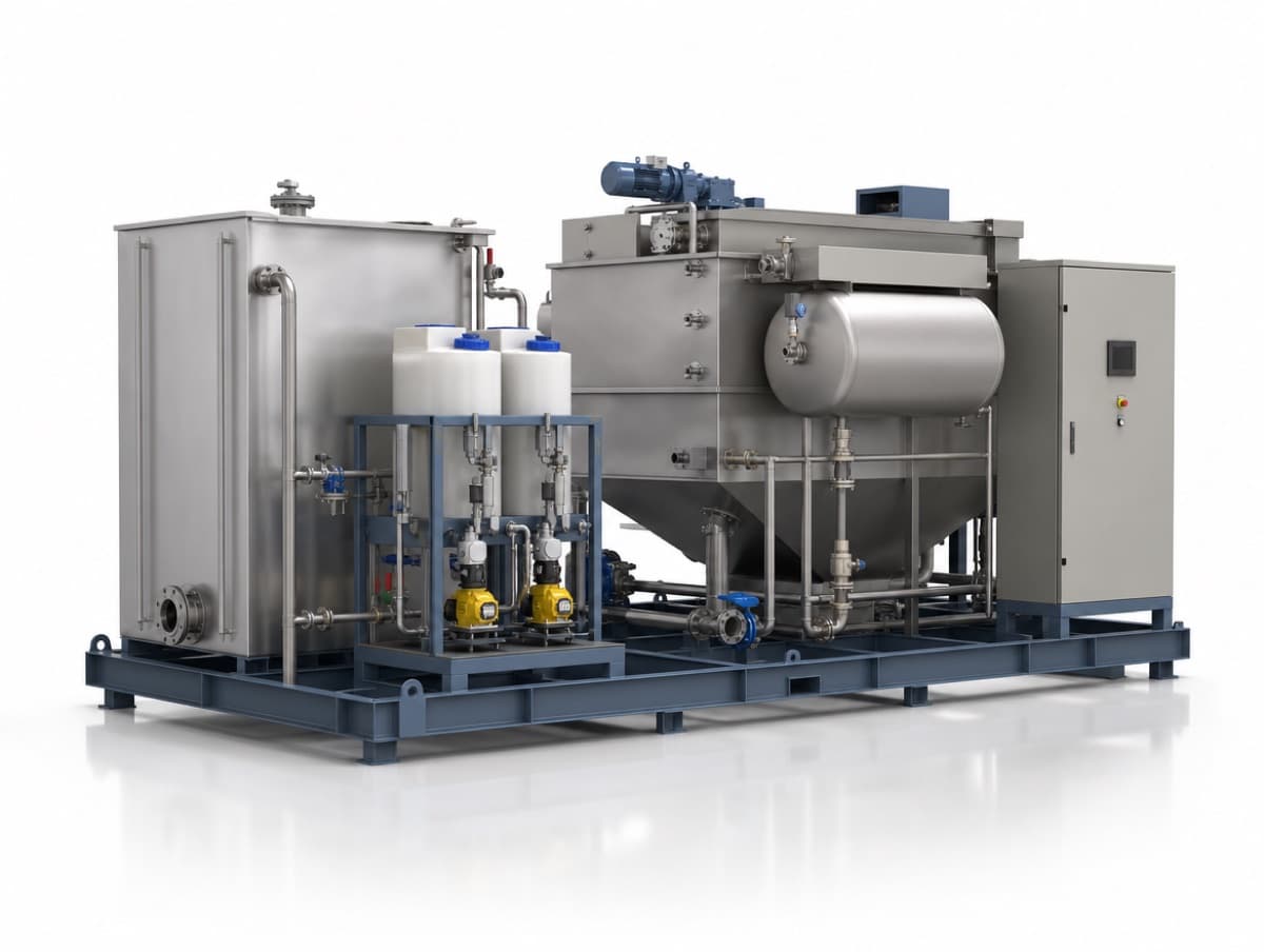 Skid-mounted industrial wastewater treatment system with stainless tanks, piping and PLC control panel, built for Canadian plants