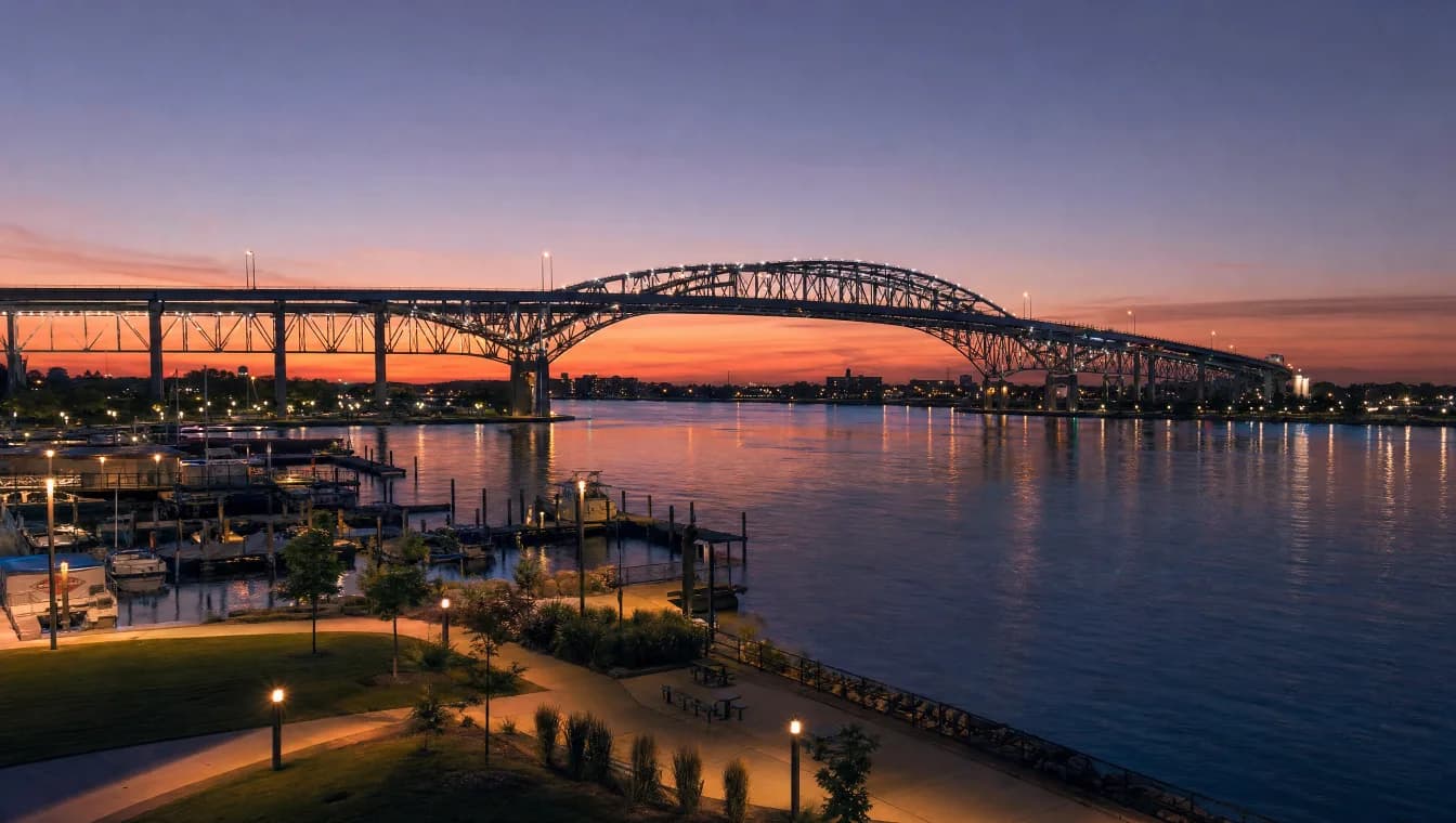 Blue Water Bridge at dusk on the Sarnia, Ontario waterfront — industrial wastewater treatment service area in Canada